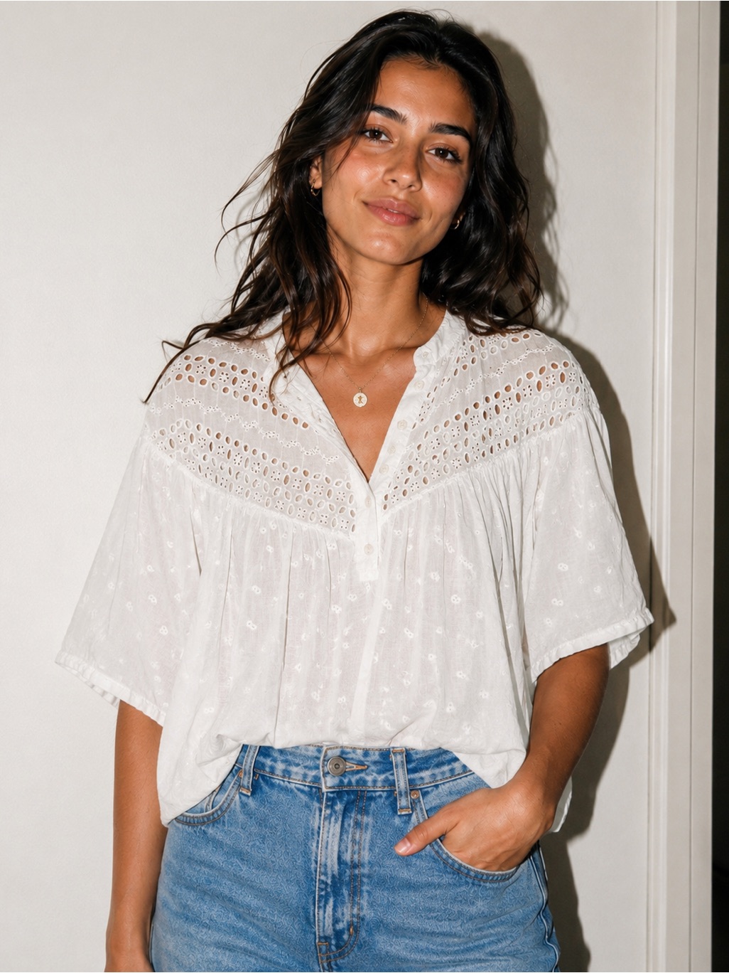 Calypso St. Barth White Eyelet Babydoll Blouse Size Large